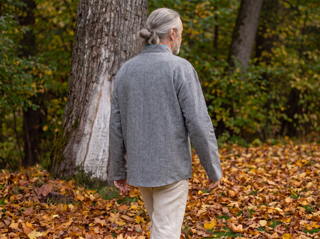 Sustainable slow fashion linneskjorta herr och overshirt i ekologisk Lagenlook stil av kraftigt rålinne handgjord i Sverige