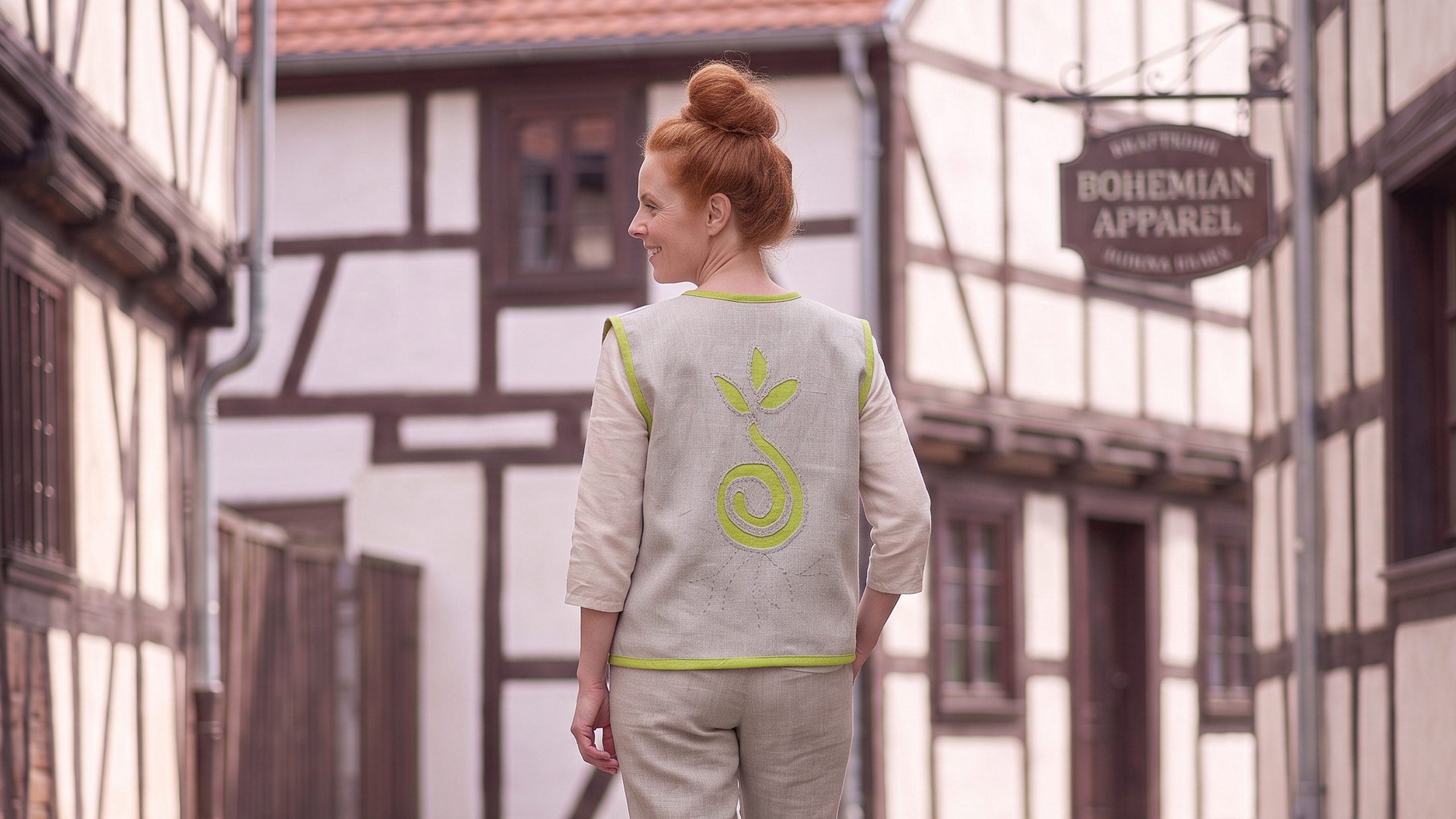 Handgjord ekologisk linneväst dam med runträd symbol i hållbar och sustainable slow fashion stil